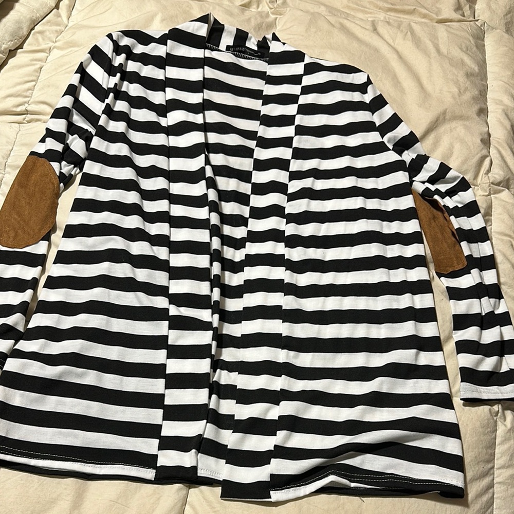 Striped Black and White Cardigan with Brown Elbow Patches